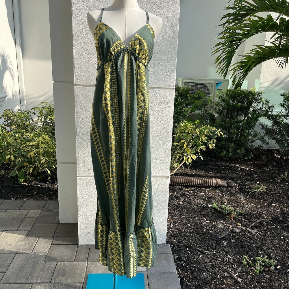 Coocu Resorts Greek Green Bronze Embroidered V Neck Maxi Beach Dress Size S